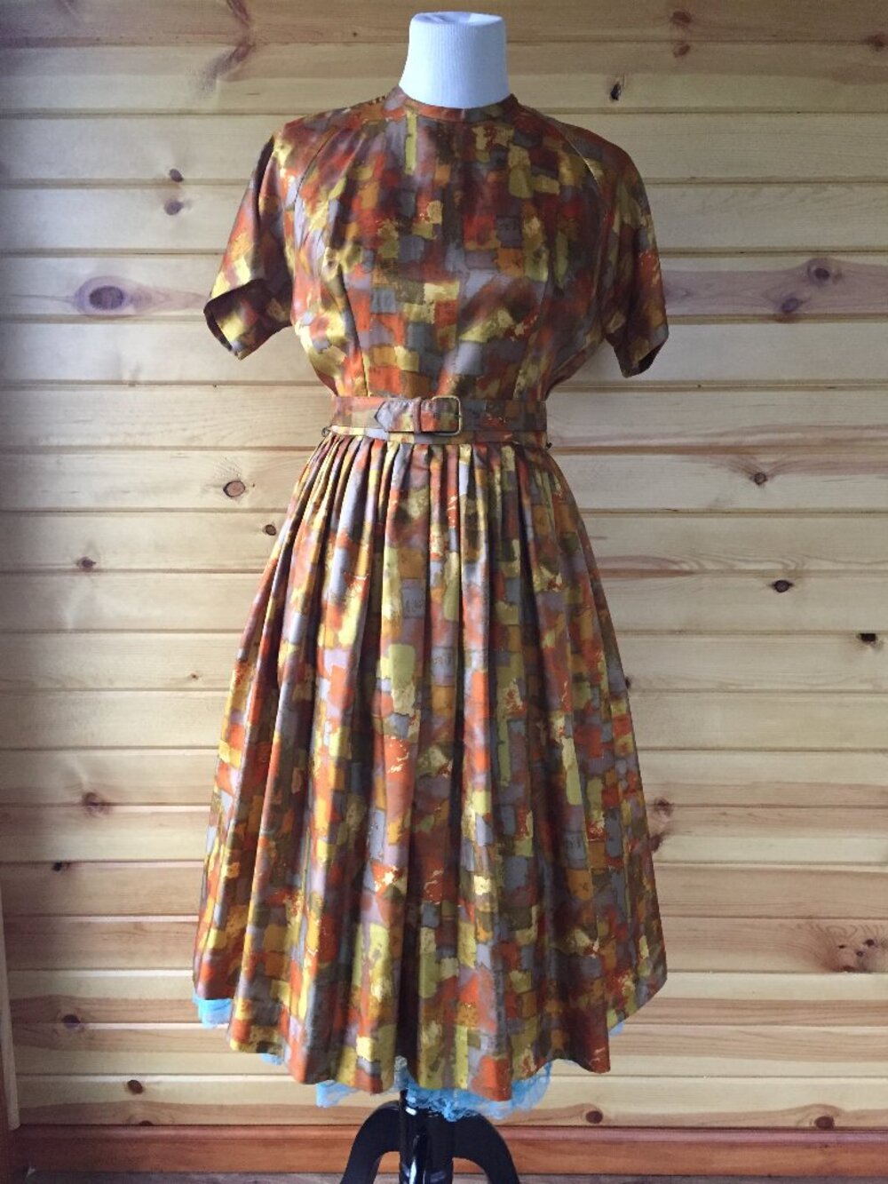 Vintage MCM 50s Fit Flare Orange Geometric Belted Dress S/M